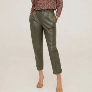 Mango Olive Green Faux Leather Cargo Pants | High Rise Pleated Trouser Size 8